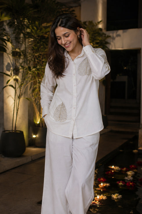 Diyu Sequin Embroidered White Co-Ord Set