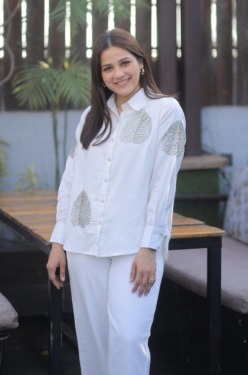 Diyu Sequin Embroidered White Co-Ord Set