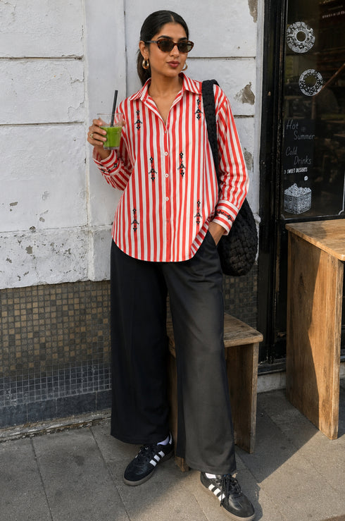 Red Mirror Embroidered Stripe Shirt