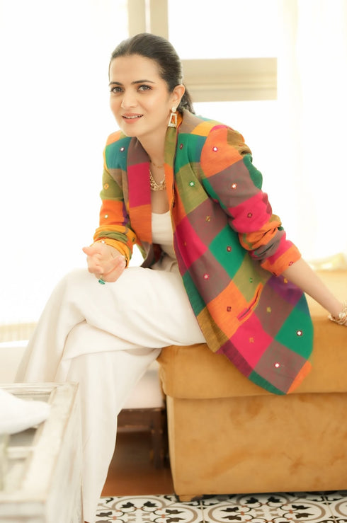 Mosaic Check Mirror Embroidered Boyfriend Blazer | Reserve Yours