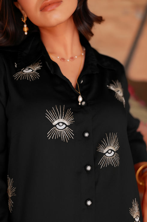 Hot Pink Evil Eye Embroidered Shirt