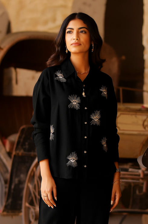 Hot Pink Evil Eye Embroidered Shirt