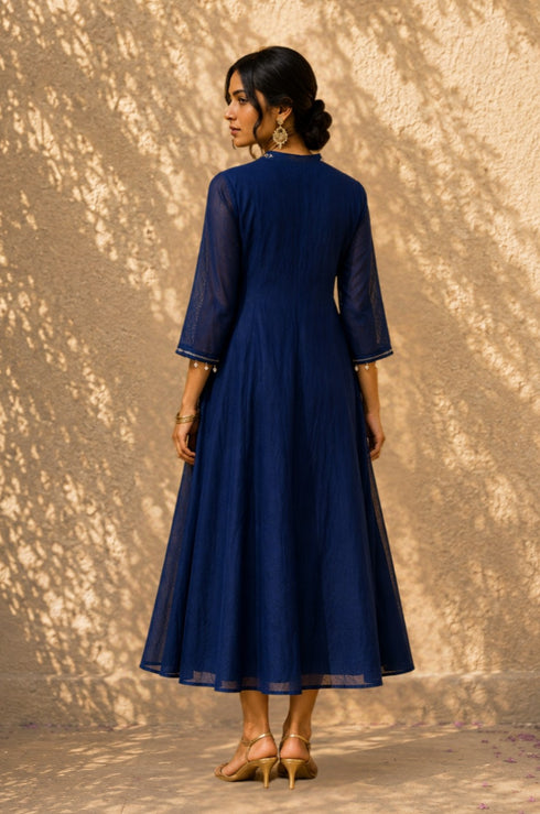 Luna Chanderi Embroidered Indigo Maxi Dress