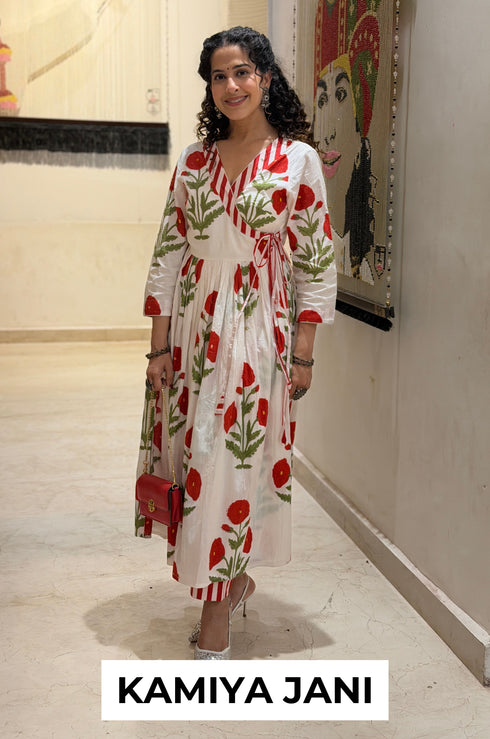 Phagun Red Poppy Angrakha Kurta Pant Set