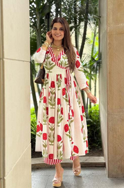 Phagun Red Poppy Angrakha Kurta Pant Set