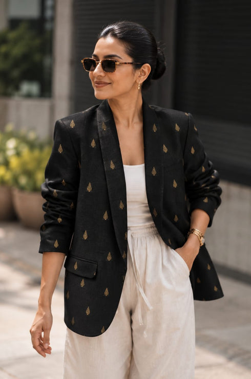Noor Black Brocade Boyfriend Blazer