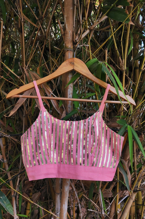 Sequin Embroidered Pink Smocking Bralette