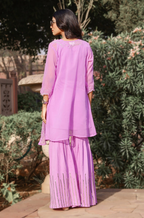 Lilac Lotus Embroidered Kurta-Sharara Set