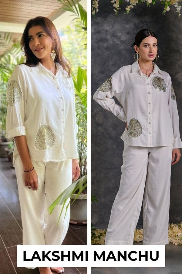 Diyu Sequin Embroidered White Co-Ord Set