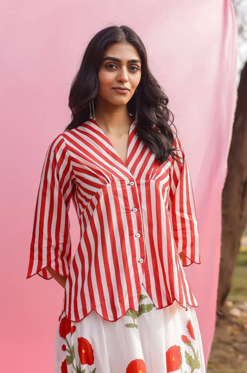 Brij Red Poppy Stripe Top & Skirt Set