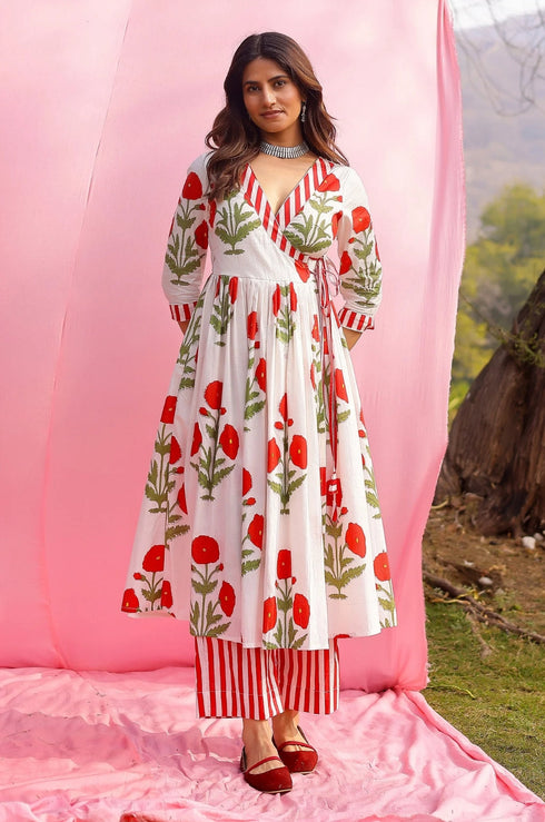 Phagun Red Poppy Angrakha Kurta Pant Set