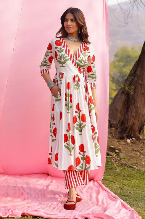 Phagun Red Poppy Angrakha Kurta Pant Set