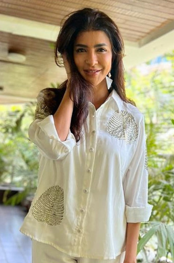 Diyu Sequin Embroidered White Shirt