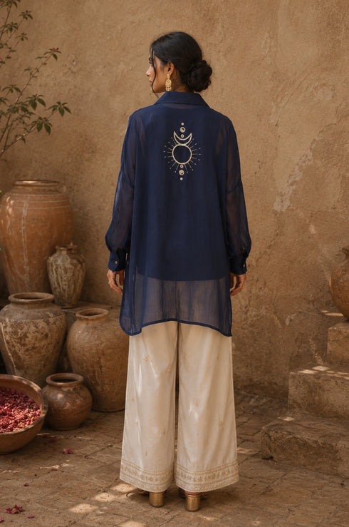 Celestial Chanderi Embroidered Indigo Shirt