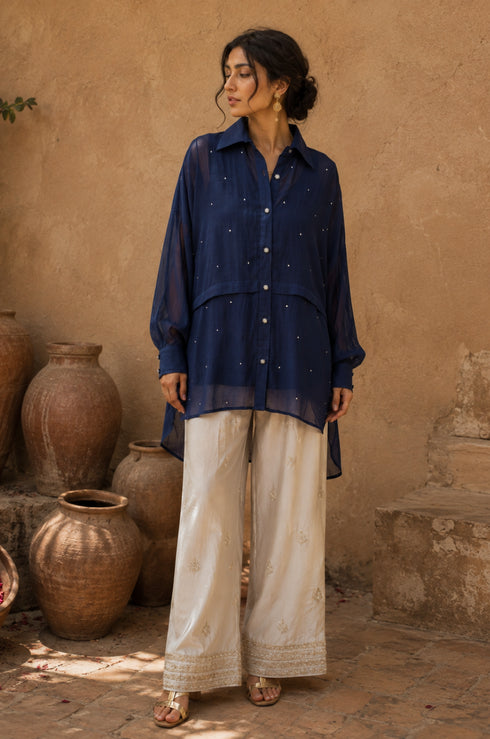Celestial Chanderi Embroidered Indigo Shirt