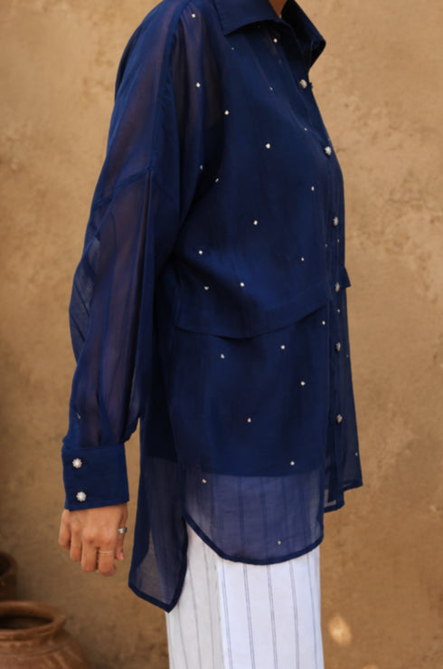 Celestial Chanderi Embroidered Indigo Shirt