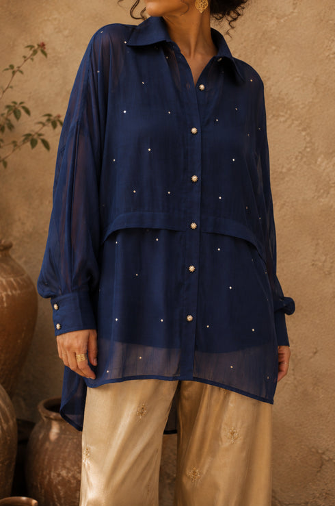 Celestial Chanderi Embroidered Indigo Shirt