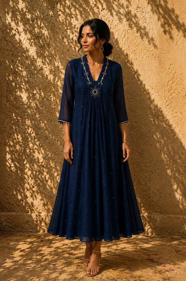 Luna Chanderi Embroidered Indigo Maxi Dress