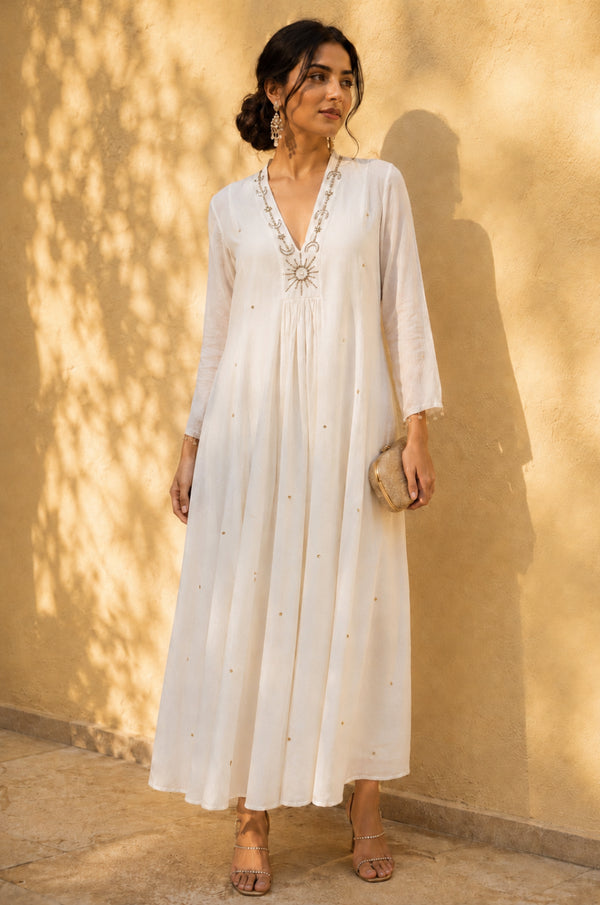 Luna Chanderi Embroidered White Maxi Dress