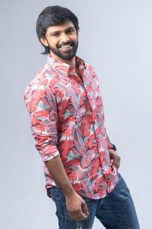 Palm Pink Cotton Men Shirt