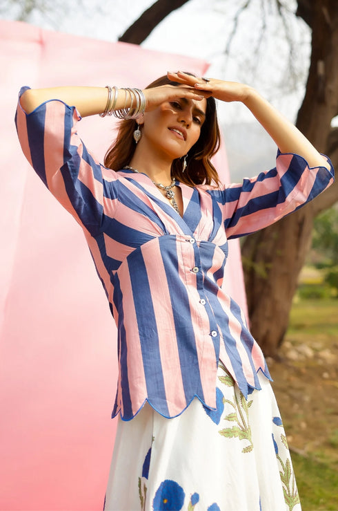 Brij Blue Poppy Stripe Top & Skirt Set