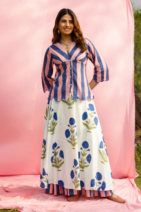 Brij Blue Poppy Stripe Top & Skirt Set