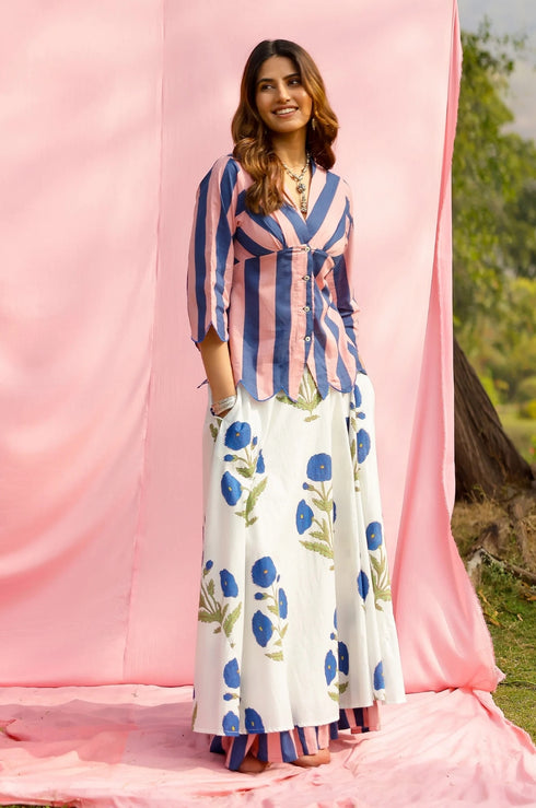 Brij Blue Poppy Stripe Top & Skirt Set