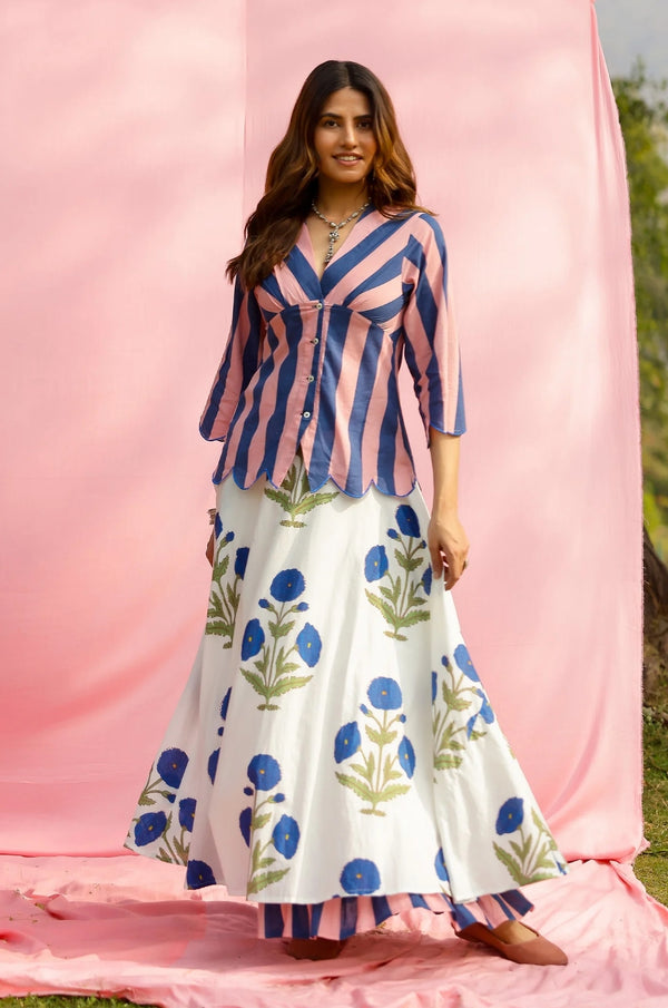 Brij Blue Poppy Stripe Top & Skirt Set