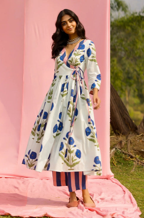 Phagun Blue Poppy Angrakha Kurta Pant Set