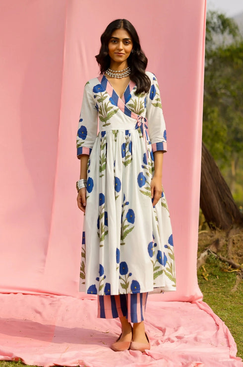 Phagun Blue Poppy Angrakha Kurta Pant Set
