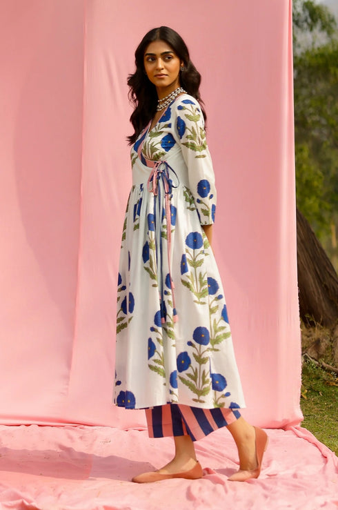 Phagun Blue Poppy Angrakha Kurta Pant Set