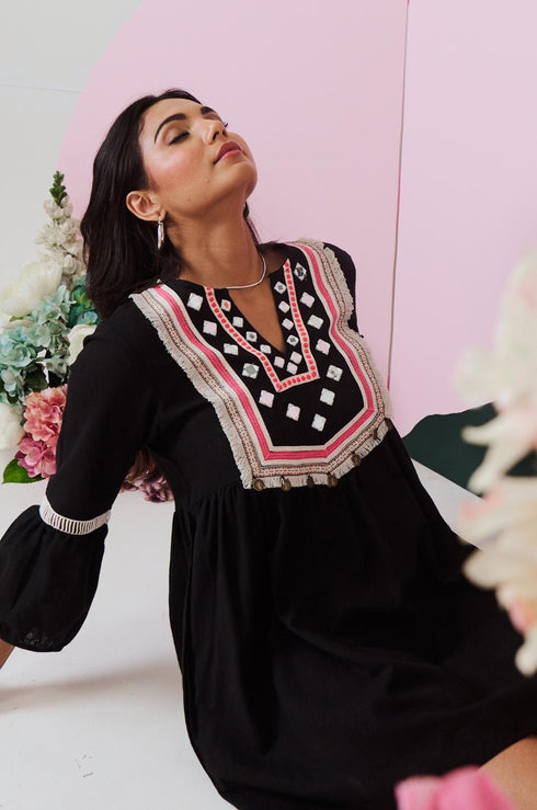 Veronica Mirror Work Short Dress with Lace Detailing