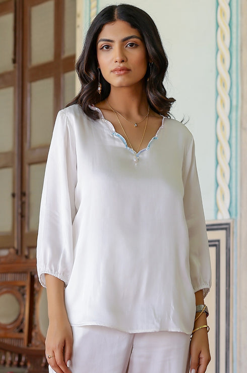 White Satin Angel Wing Sequin Top