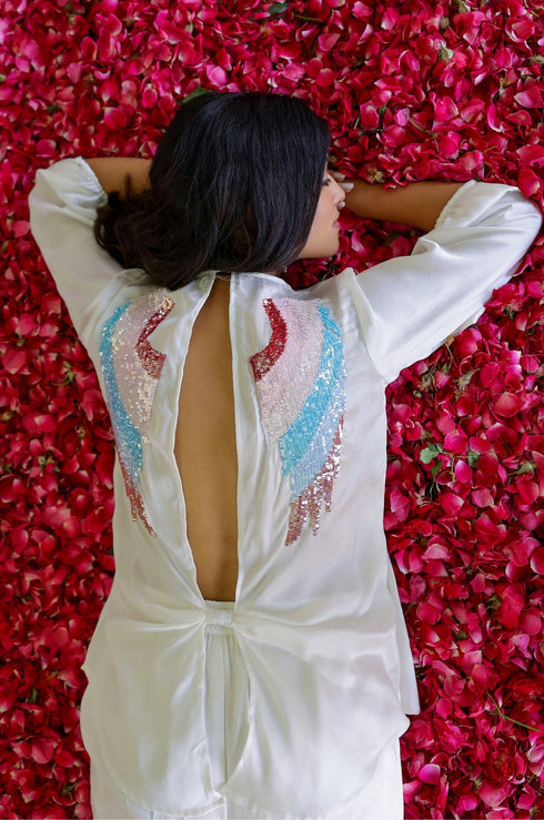 White Satin Angel Wing Sequin Top