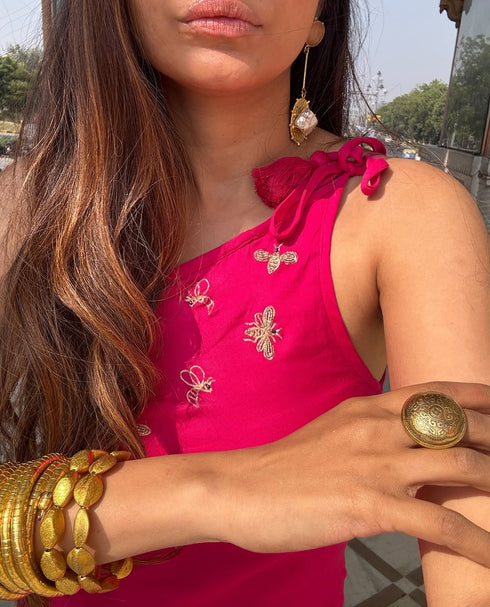 Black One Shoulder Bug Embroidered Cocktail Dress