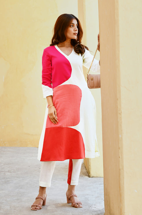 Fusion White Patchwork Kurta-Pant Set