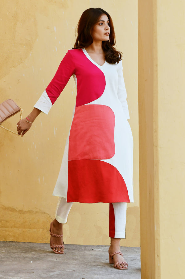 Fusion White Patchwork Kurta-Pant Set