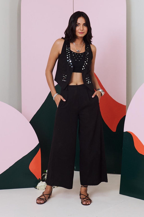 Aaina Black Mirror Embroidered Waist Coat