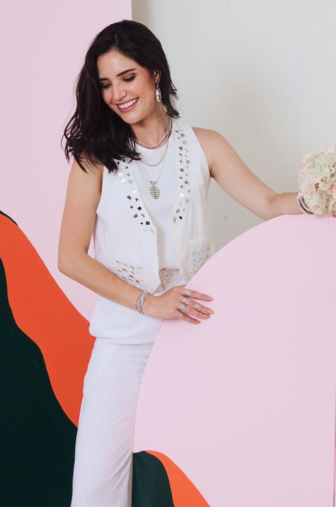 Aaina White Mirror Embroidered Waist Coat