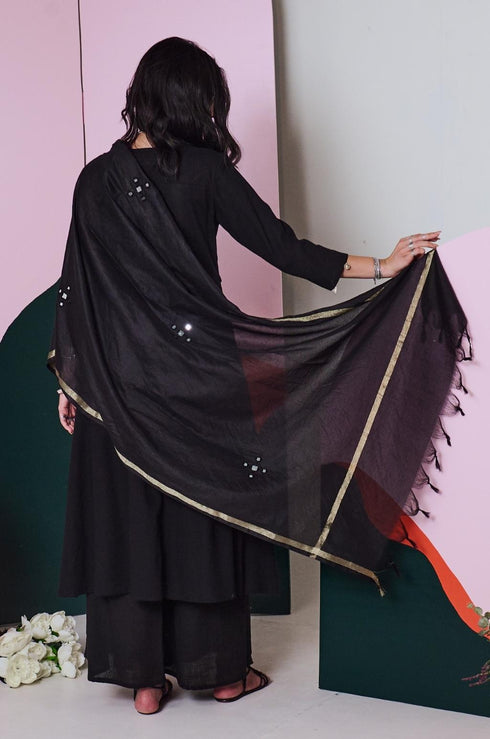 Ajuni Black Mirror Embroidered Chanderi Dupatta