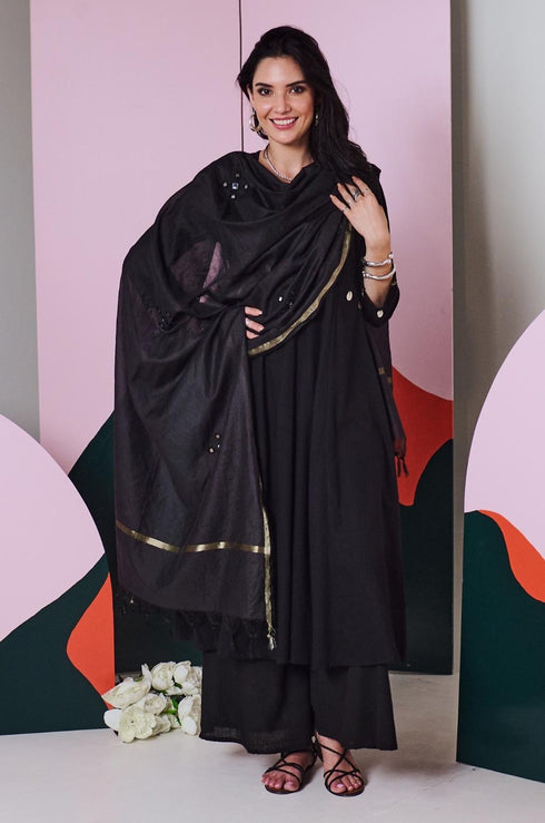 Ajuni Black Mirror Embroidered Chanderi Dupatta