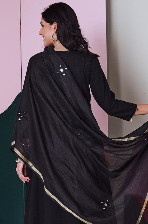 Ajuni Black Mirror Embroidered Chanderi Dupatta