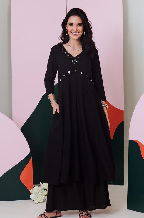 Ajuni Black Mirror Embroidered Kurta -Palazzo Set (Set Of 2)