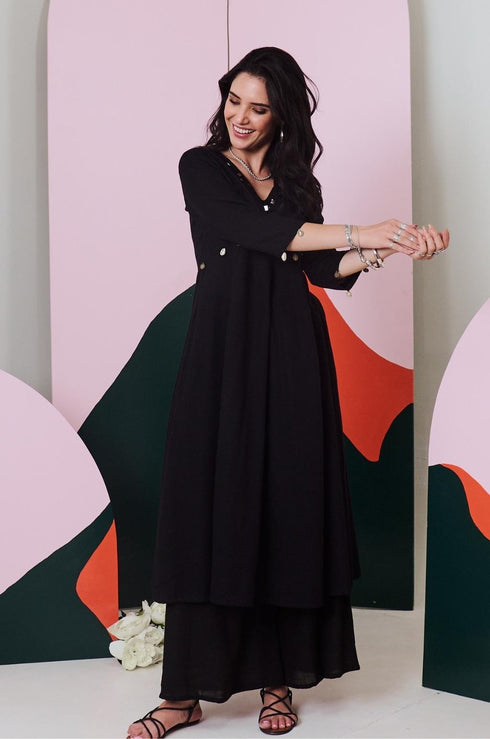 Ajuni Black Mirror Embroidered Kurta -Palazzo Set (Set Of 2)