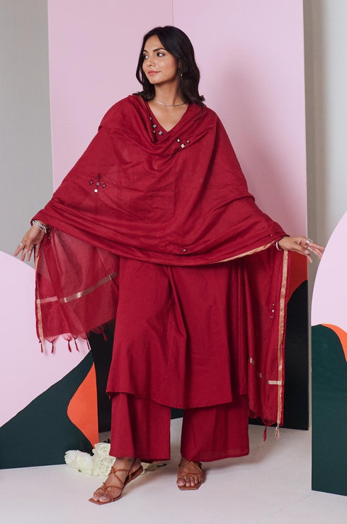 Ajuni Maroon Mirror Embroidered Chanderi Dupatta