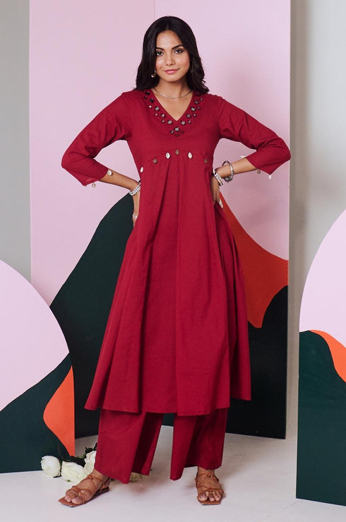 Ajuni Maroon Mirror Embroidered Kurta -Palazzo Set (Set Of 2)