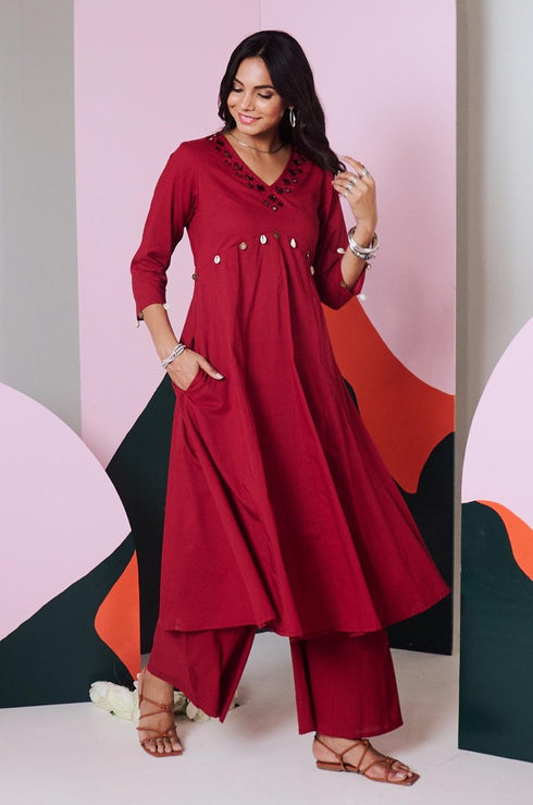 Ajuni Maroon Mirror Embroidered Kurta -Palazzo Set (Set Of 2)