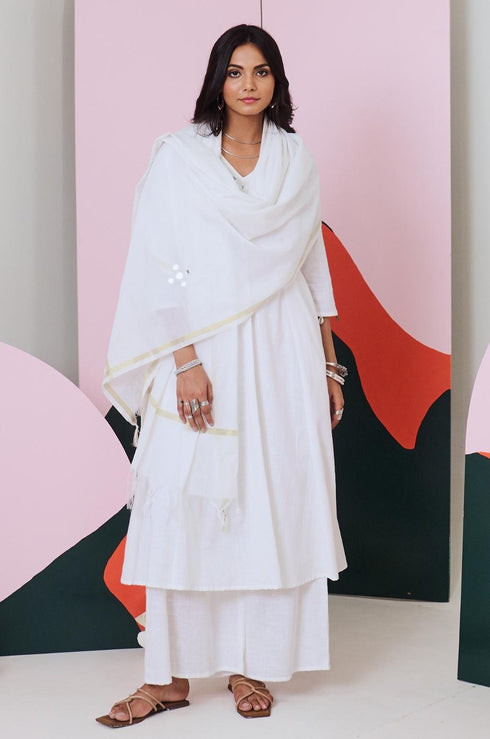 Ajuni White Mirror Embroidered Chanderi Dupatta