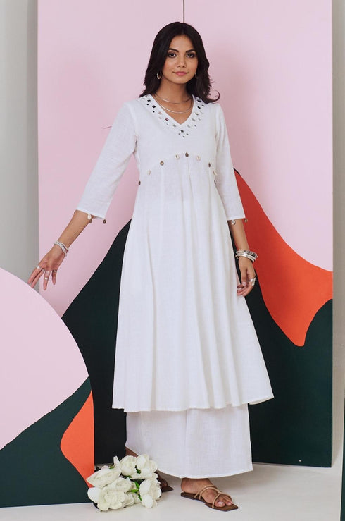 Ajuni White Mirror Embroidered Kurta -Palazzo Set (Set Of 2)