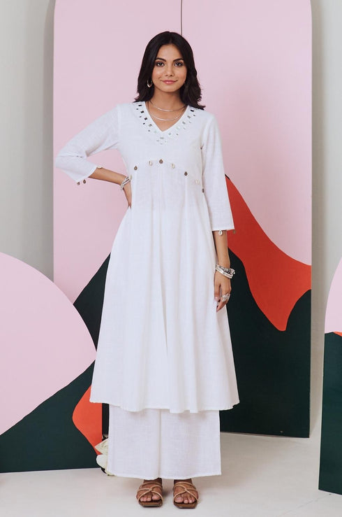 Ajuni White Mirror Embroidered Kurta -Palazzo Set (Set Of 2)